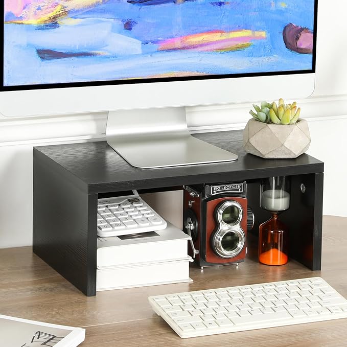 TEAMIX 6.7 inch Tall Monitor Stand Riser, Wood Shelf Riser, Desk Organizer | Laptop/Printer/Computer Stand, Extra Storage Underneath, Minimalist, Modern Design, Smooth Black Finish, for Home Office - Image 6