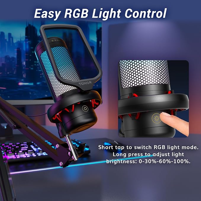 TONOR Gaming Microphone Set with Boom Arm, Vocal Condenser Microphone for Content Creators, USB Mic for PC with Stand, RGB, Tap Mute, Gain Control, Gaming Equipemnt, Twitch, Streaming, TC310+ | Boom Arm Set, USB Mic with Controllable Light, One Tap Mut... - Image 4