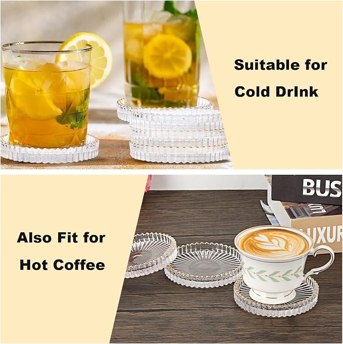 Set of 5 Modern Clear Coaster, Glass Coasters for Drinks, Crystal Coasters Round Cup Mat, Coffee Table Decor for Office, Kitchen, Bar, Dining Room, Living Room, Patio (Clear with Gold Rim) - Image 4