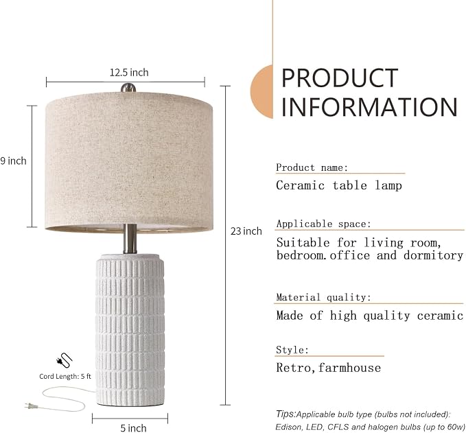 PoKat 23" Table Lamp, Farmhouse Bedside Lamps for Bedroom Set of 2, Ceramic End Table Lamps for Living Room, Traditional Nightstand Desk Lamps, Frosted White Lamps, Medium - Image 3