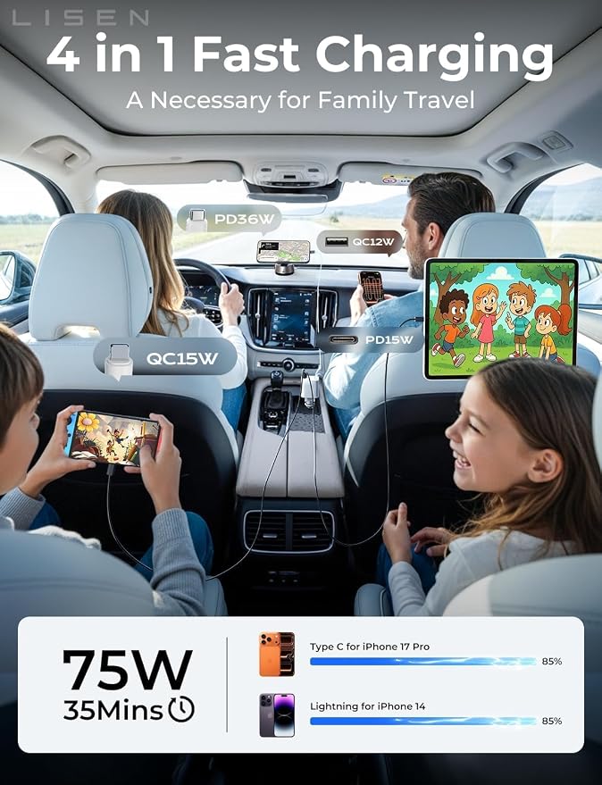 LISEN Retractable Car Charger for iPhone, for iPhone 17 Pro Max 16 15 14 13 12 Plus Mini, Cute 4 in 1 Retractable USB C Car Charger Fast Chareg for Women Men, 84W Fast Charging Car Accessorie | Multiple Ports Car Charger, Retractable Car Charger Fast C... - Image 7