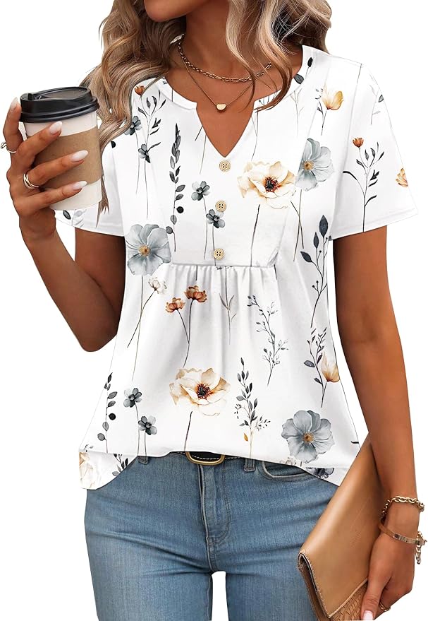 Zeagoo Womens Short Sleeve Tops Summer Henley V-Neck Tshirts Casual Pleated Blouse Dressy Loose Floral Basic Tee - Image 2