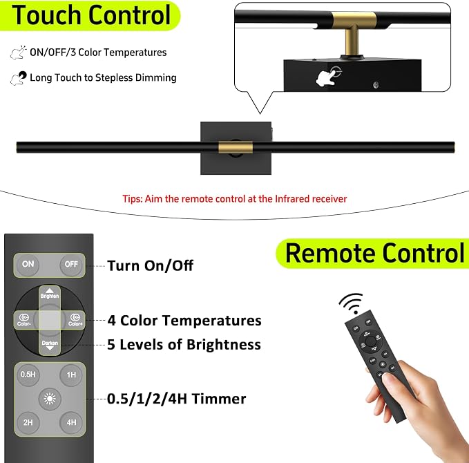 iThird Battery Operated Wall Sconces Set of 2: 10000mAh Rechargeable Wall Lights with Remote Control, 360° Rotate Wireless Wall Scone Decor for TV/Mirror Bedroom Living Room, 31.5 Inch, Black - Image 6