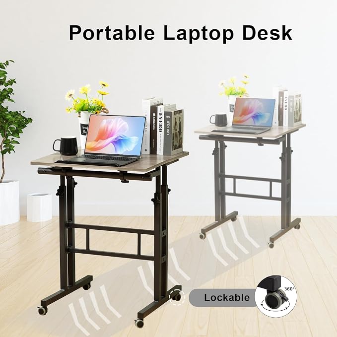 Hadulcet Mobile Standing Desk Adjustable Height with Charging Station | Standing Computer Desk, Standing Adjustable Laptop Cart with Wheels for Home Office Classroom Light Grey - Image 6