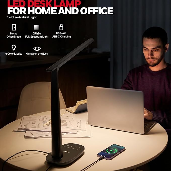 Honeywell LED Desk Lamp for Home Office, Eye-Caring Dimmable Reading Light with 4 Color Modes, Touch Control, USB-A & USB-C Charging Ports, Adjustable Head, Timer for Bedroom & Small Desks - Image 2