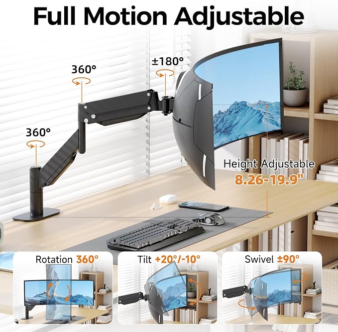 Suptek Single Monitor Arm for 27–57 Inch Ultrawide Large Screen Monitors, Heavy Duty Gas Spring Desk Mount with Tilt Swivel, VESA 75/100, Supports 59.4 lbs, Clamp & Grommet, MD71MAX - Image 3
