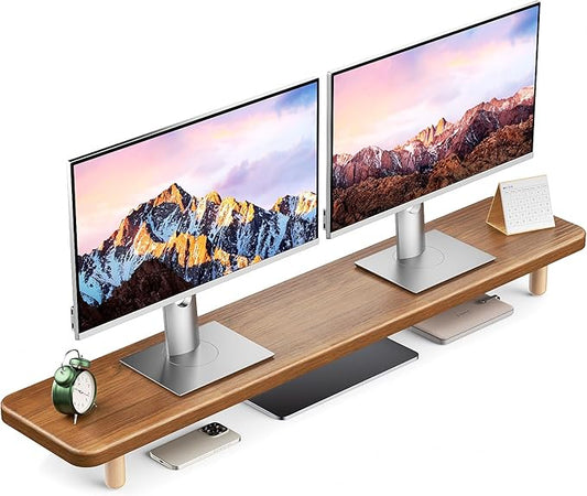 Dual Monitor Stand Riser, 39 Inch Extra Long Wooden Desktop Monitor Riser with Storage for 2 Monitors Ultra Strong Desk Shelf Organizer Riser Ergonomic for 2 Screens/Laptop/PC/TV/Printer (Walut brown, 39inches) by NestNeatHome