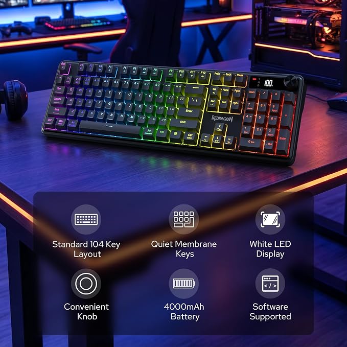 Redragon K526 PRO Wireless RGB Membrane Gaming Keyboard, LED Screen & Knob | See Battery, Mode & Time at a Glance, 0-Delay Tri-Mode, One-Touch Backlit & Media Adjust, 26-Key Anti-Ghost for Combo-Strike - Image 2