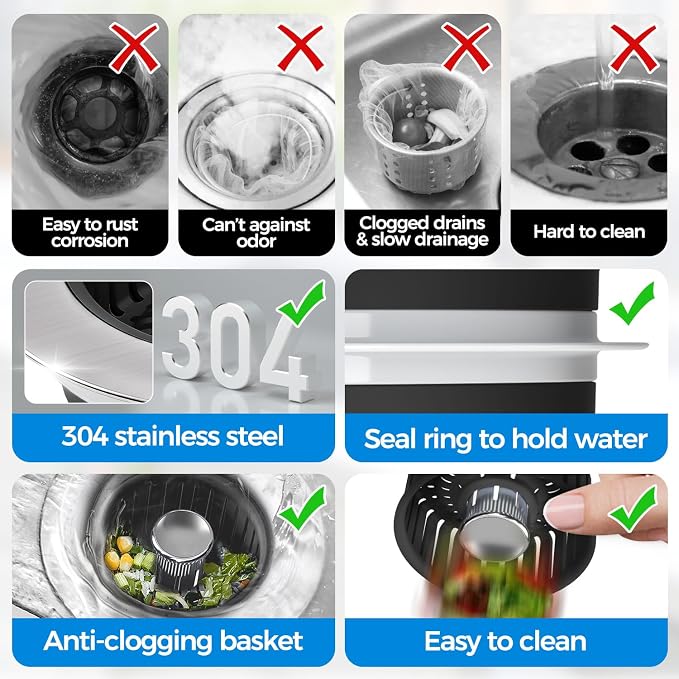 zaa 3 in 1 Kitchen Sink Drain Strainer Stopper Removable Basket Pop-Up | Kitchen Sink Accessories 1 Pack Black Stainless - Food Catcher, Odor-Blocking Seal, Fits 3.5" Drain, Easy Clean - Image 7