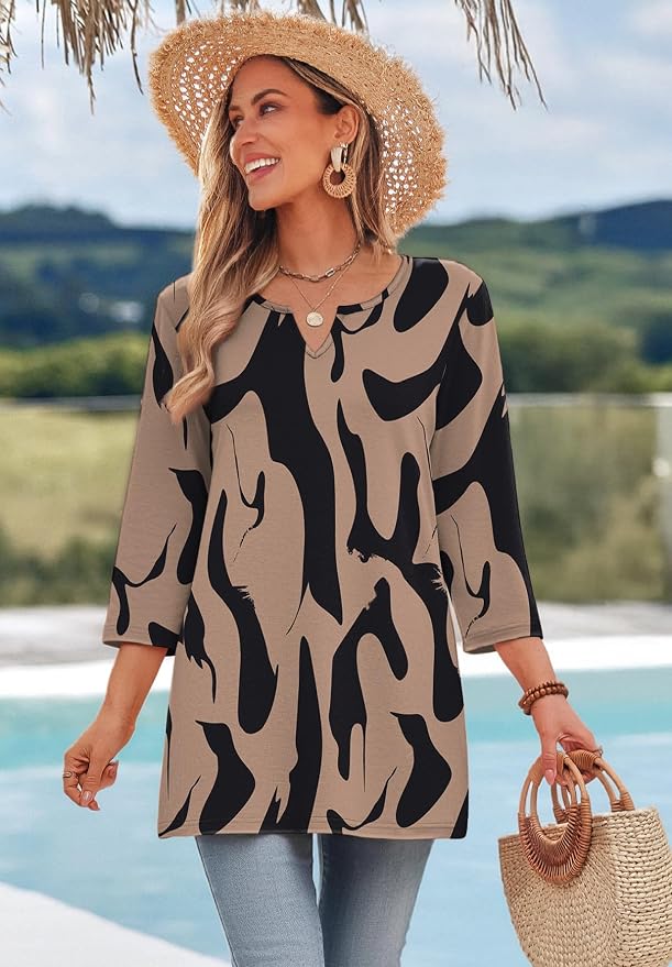OFEEFAN Summer Boho Tops For Women 3/4 Length Sleeve Womens Tops Vacation Outfits - Image 3