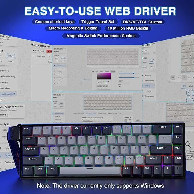 AULA WIN68 HE PRO - Hall Effect Gaming Keyboard with Magnetic Switch, Fast Trigger Mode Adjustable Actuation, 8KHz Polling Rate, Wired RGB Backlit Mechanical Gaming Keyboard 60 Percent Compact Design - Image 5