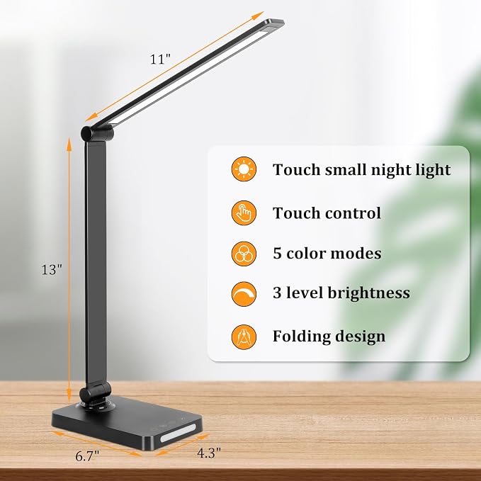 LED Desk Lamp with USB Ports,Touch Desk Lamps for Home Office with 5 Modes | 3 Brightness Desk Light with Small Night Light,Reading Lamp Table Lamp for Bedroom Bedside Study Black （with adapter） - Image 3