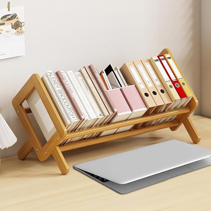 Wood Tilting Bookcase in Living Room/Home/Office, Desktop Book Shelf Organizer Bookshelves Storage Rack for CDs/Magazine/Books Display (Yellow, 16"-L) by Fox+Claw