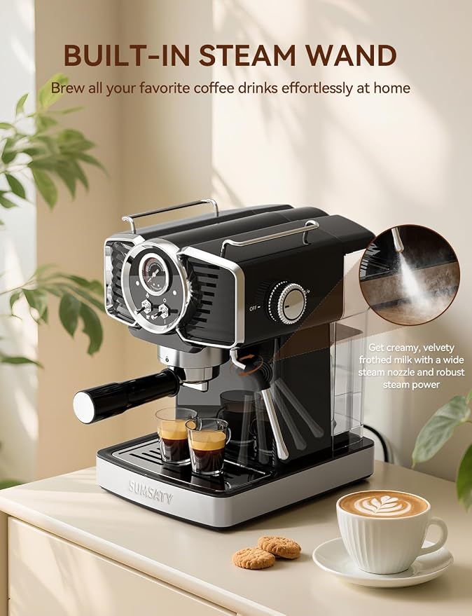 SUMSATY 20 Bar Espresso Machine Retro with Powerful Milk Frother, Black | Visual Pressure Gauge Espresso Coffee Machine 1350W Fast Heating Home Barista for Cappucino Latte Maker, 61oz Water Tank - Image 4