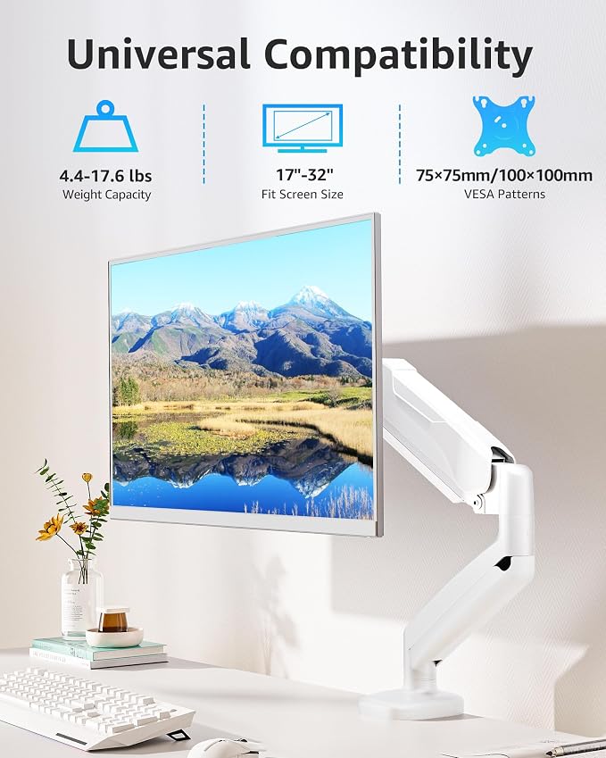 MOUNTUP Single Monitor Desk Mount Holds Screen up to 32 inch, Height Adjustable Monitor Arm, Full Motion Computer Monitors Stand with Clamp/Grommet Base, VESA Mounts Fit 4.4-17.6lbs Computer, White - Image 3