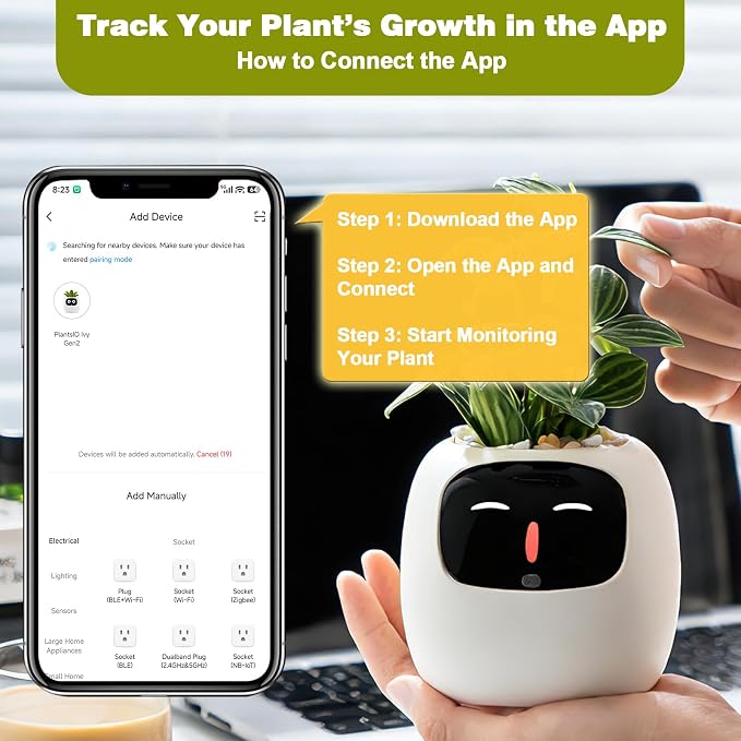 Smart Plant Pot with Visual Display – Soil Moisture, Water Level, Light & Battery Monitor, 80ml Self-Watering Reservoir, Supports 50+ Plants, Pomodoro Timer, Clock & Calendar (White) - Image 2