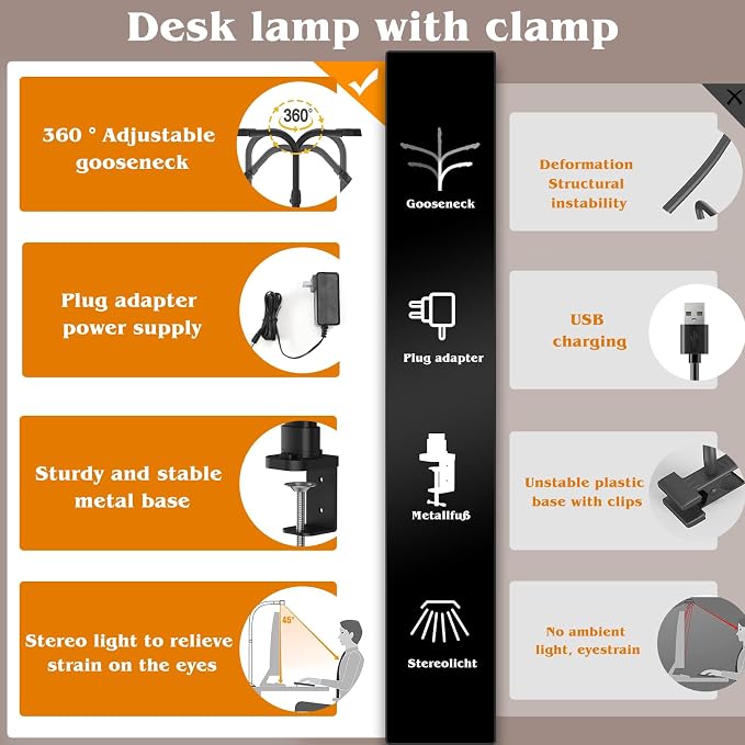 AKRRYR Led Desk Lamp for Home Office,24W Bright Eye-Caring Desk Light with Clamp,5 brightness and 5 temperatures Dimmable Workbench Task Light, Adjustable Gooseneck Table Lamp for Monitor Study(black) - Image 5