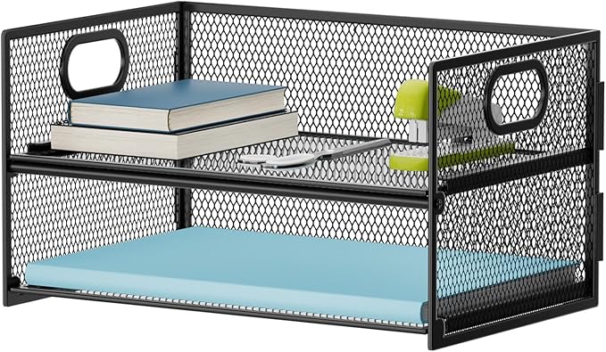 Marbrasse 2 Tier Paper Organizer Letter Tray, Mesh File Organizer with Handle, Paper Sorter Desk Organizer for Home Office Supplies - Black by Marbrasse