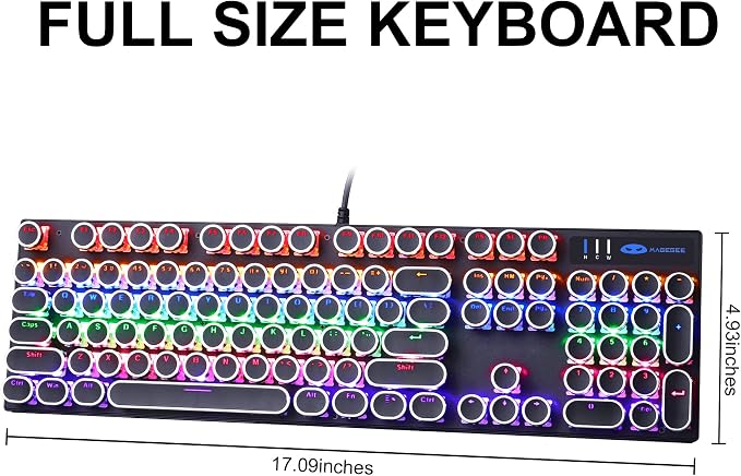 Camiysn Typewriter Style Mechanical Gaming Keyboard, Black Retro Punk Gaming Keyboard with RGB Backlit, 104 Keys Blue Switch Wired Cute Keyboards, Round Keycaps for Windows/Mac/PC - Image 8