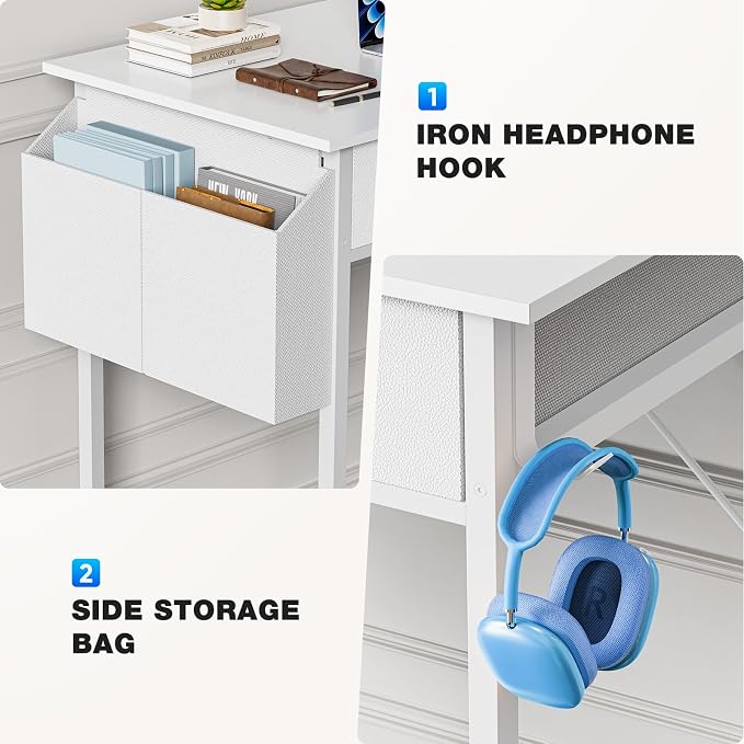 OLIXIS 32 Inch Small Desk, Computer Desk, Home Office | Fabric Drawers, Side Bag, Headphone Hook, Writing Study Work Table, Bedroom, Natural White - Image 5