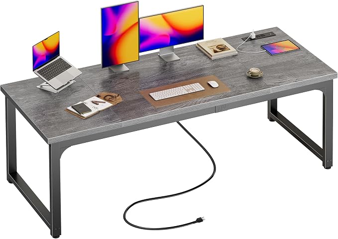 Huuger 63 x 24 inch Desk with Power Outlets & USB-C, Deeper & Thicker Desktop, Robust Metal Tubes, Computer Desk, Heavy Duty Office Desk, Work Gaming Desk, for Home Office, Grey by Huuger