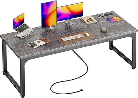 Huuger 63 x 24 inch Desk with Power Outlets & USB-C, Deeper & Thicker Desktop, Robust Metal Tubes, Computer Desk, Heavy Duty Office Desk, Work Gaming Desk, for Home Office, Grey by Huuger