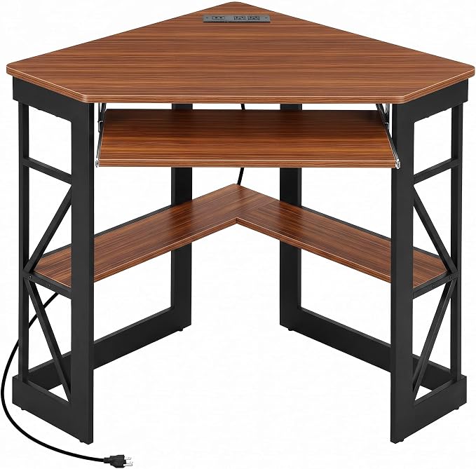 VECELO Corner Desk, Triangle Computer Desk for Small Space with Charging Station and Keyboard Tray, Corner Makeup Table with Storage Shelves for Home Office Bedroom, 41x30, Teak Brown by VECELO