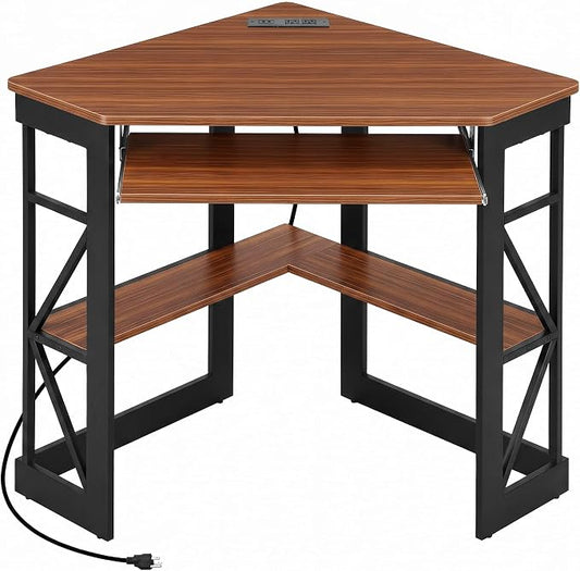 VECELO Corner Desk, Triangle Computer Desk for Small Space with Charging Station and Keyboard Tray, Corner Makeup Table with Storage Shelves for Home Office Bedroom, 41x30, Teak Brown by VECELO