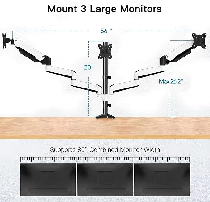 HUANUO Triple Monitor Stand - Full Motion Articulating Monitor Mount Fit Three 17 to 32 inch LCD Computer Screens with Clamp, Grommet Kit - Image 3