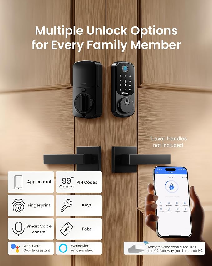 DESLOC B200 Fingerprint Smart Door Lock with App Control, Keyless Entry Deadbolt for Front Door, Auto Lock, Touchscreen Keypad, 8 Unlock Methods, USB-C Backup Power, 12-Month Battery, BHMA Grade3 - Image 2