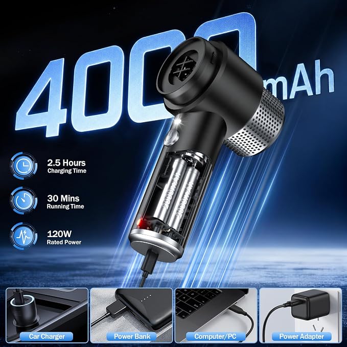 KMM Handheld Car Vacuum Cleaner, 16000PA Hand Held Vacuum Portable Cordless, 2 in 1 Air Duster and Vacuum Cleaner with LED Light, Multi-Nozzles, 120W High Power Mini Vacuum for Home, Pet, Office - Image 4
