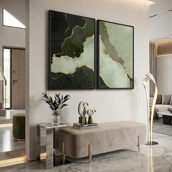 Large Framed Green Abstract Wall Art Set of 2, Modern Canvas Prints Paintings for Walls, Minimalist Sage Green and Gold Abstract Pictures for Living Room Dining Bedroom Hallway Wall Decor 24x36 In - Image 4