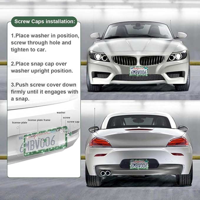 QUANQIUFEI 2 Pack Bling License Plate Frames for Women, Sparkly Rhinestone Diamond Car Accessories with Glitter Crystal Caps (Dark Green) - Image 5