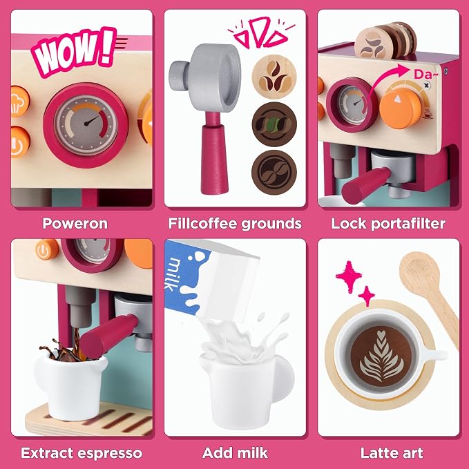 GAGAKU Wooden Coffee Machine Toy for Toddlers, Montessori Learning Toys for 3 4 5 Year Old Girls & Boys, Realistic Pretend Play Kitchen Accessories with Espresso Maker & Latte Art Set - Image 4
