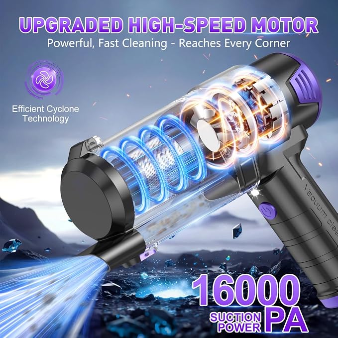 KMM Handheld Car Vacuum Cleaner, 16000PA Air Duster & Vacuum Cleaner, 120W High Power Hand Held Vacuum Cordless, Portable Vacuum Rechargeable with Multi-Nozzles & LED Light for Car, Home, Pet, Office - Image 2