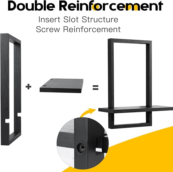 PHOENANCEE Square Floating Shelves,Wall Plants Holder,Bathroom Wall Decor,Framed Decorative Shelf Black,Modern Chic Set of 2 for Living Room Bedroom Home Office,Soild Wood,L+S - Image 6