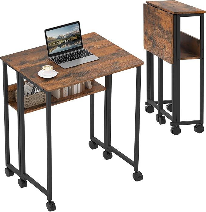 Folding Desk Small Rolling Desk with Storage Shelf,24.8 Inch Foldable Computer Table with Wheels,Portable Office Desk for Small Space Sofa Table,Easy to Fold,Writing Work Office Computer Desk,Walnut by GarveeHome