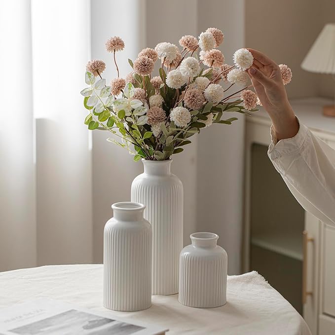 Large Modern Ceramic Vase Set, White Ribbed Matte Design, 10 Inch Tall, 4 Inch Width, 3-Piece Decorative Vases for Home, Living Room, Office (XL Matte Glaze White) - Image 2
