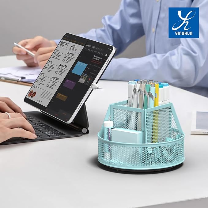 YINGHUA Metal Mesh Desk Organizer with 5 Compartments and Rotating Pencil Holder Pen and Stationery Organizer for Office Home School Anti Slip Base Blue - Image 6
