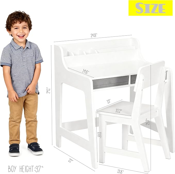 UTEX Wooden Kids Desk and Chair Set with 2 Fabrics Drawers for Study Room | Kids Study Desk with Stand-up Organizer, Water-based Paint, Student Writing Desk for Bedroom - Image 8