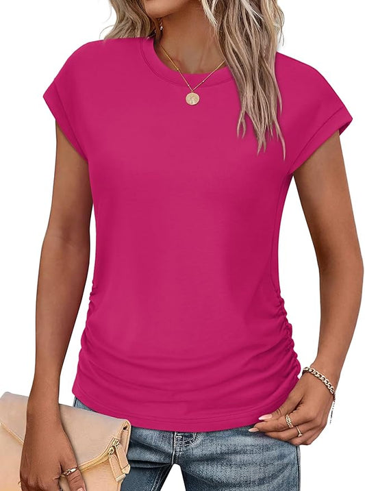 Sampeel Womens Summer Tops Trendy 2026 Ruched Cap Short Sleeve Tshirts Shirts Crew Neck T Shirts Fashion by SAMPEEL