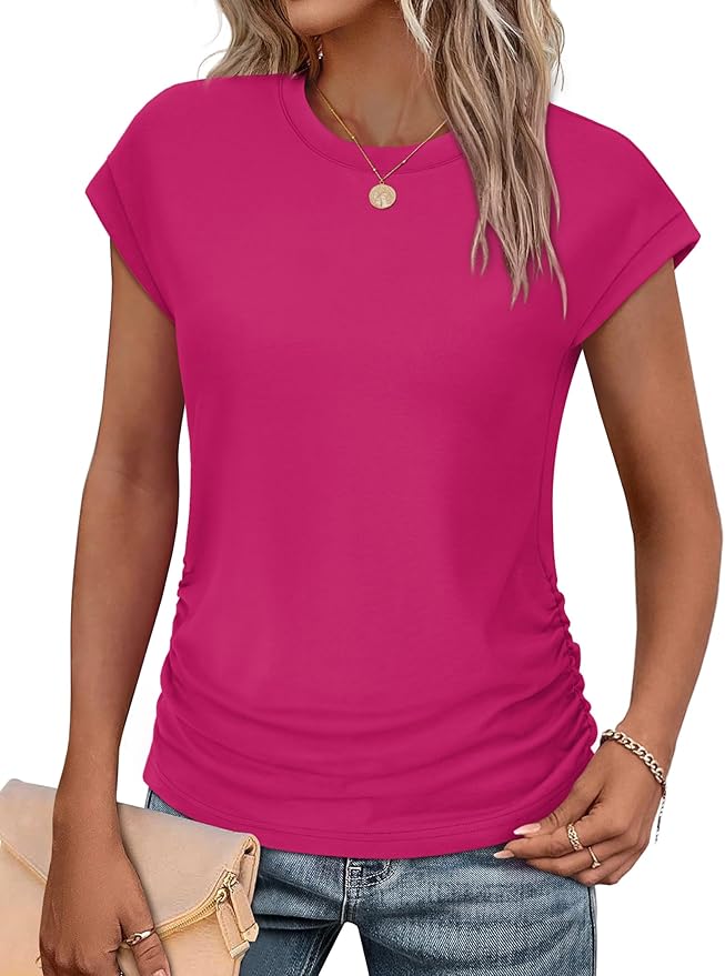 Sampeel Womens Summer Tops Trendy 2026 Ruched Cap Short Sleeve Tshirts Shirts Crew Neck T Shirts Fashion by SAMPEEL