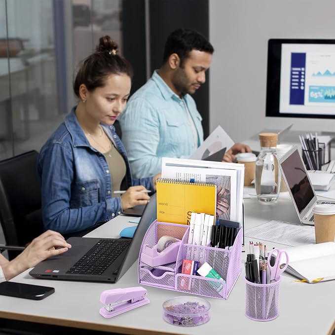 17 in 1 Purple Desk Organizers and Accessories Set, 3 Office Desk Supplies Storage Organization, 4 Pens, Stapler, Staples & Remover, Tape & Dispenser, Scissors, Ruler, Clips, Hole Punch Back to School - Image 7