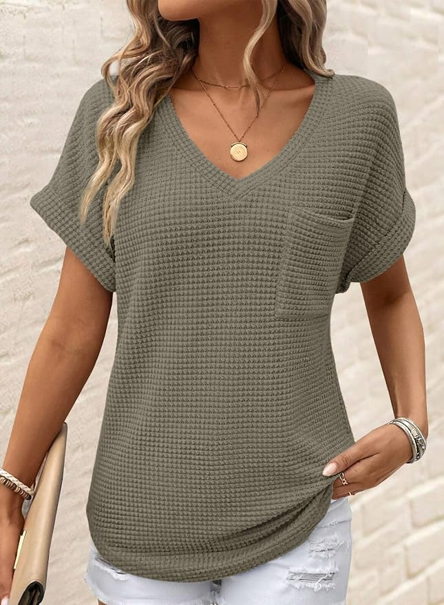 Dokotoo Womens Waffle Knit Tops 2026 Spring Summer V Neck Shirts Casual Trendy Women's Blouses Basic Tee - Image 2