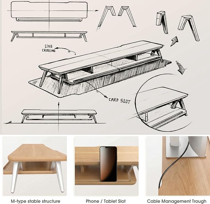 Fenge Dual Monitor Stand, Monitor Stands Riser for 2 monitors, 42.5 Inch Wood Desk Shelf with Storage Organizer and Cable Management for Office Desk Accessories - Image 5
