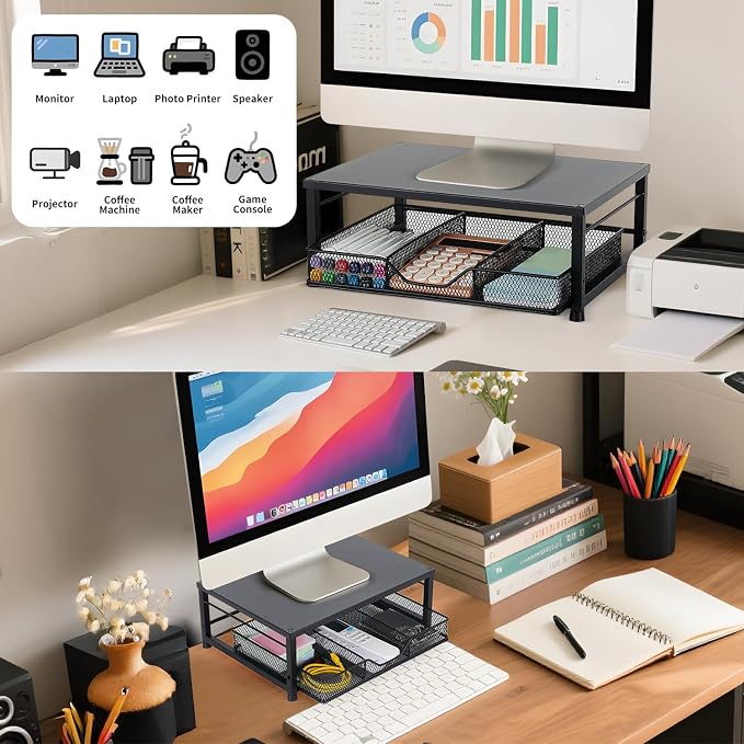 Small Laptop Stand for Desk, Monitor Stand Riser, Desk Organizer for Office Organization, Office Desk Accessories, Computer Desktop Stand with Drawer for Home, Office, School (Black) - Image 3