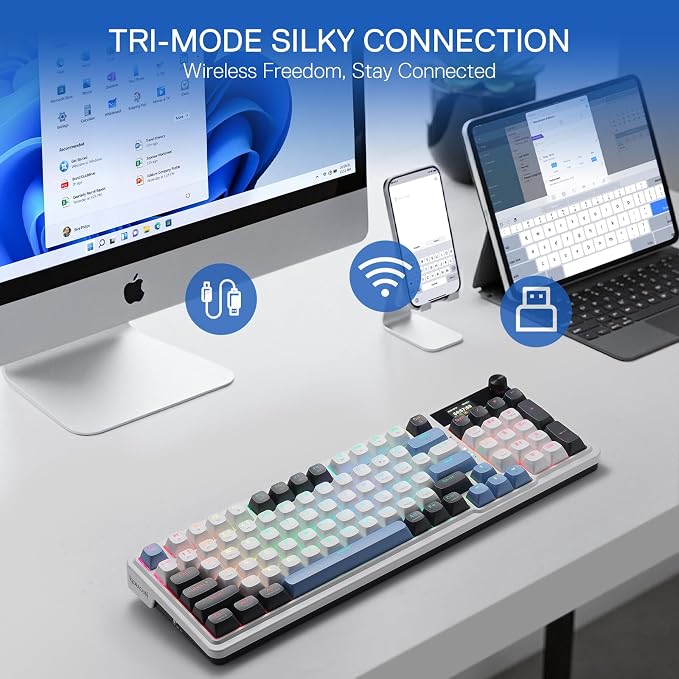 Redragon K719 PRO Wireless 95-Key Gasket Gaming Keyboard, TFT Screen & Knob | Easy-Control LED Info Display, 0-Delay Tri-Mode, Cushioned 5-Layer Noise Dampening for Creamy Thocky Sound, Practical 95 keys - Image 3