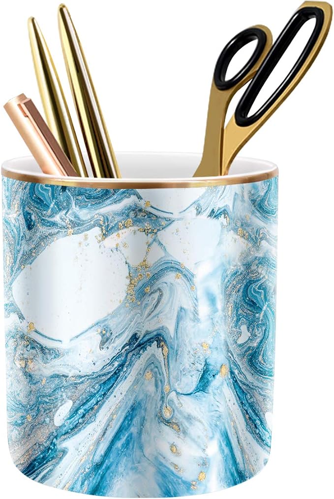 Pen Pencil Holder for Desk, Marble Desk Decor Organizer, Durable Ceramic Pencil Cup Holder Marble Design Makeup Cups for Brushes for Office, Classroom, Blue by WAVEYU