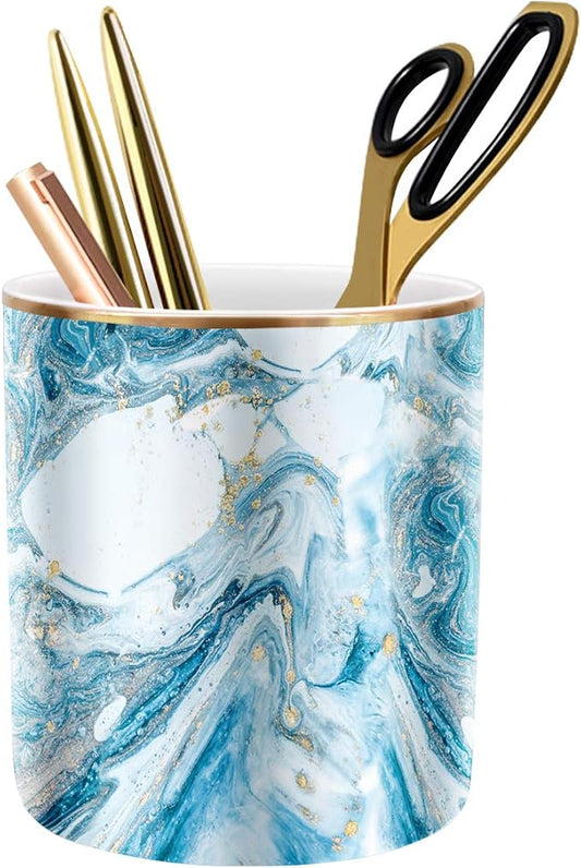 Pen Pencil Holder for Desk, Marble Desk Decor Organizer, Durable Ceramic Pencil Cup Holder Marble Design Makeup Cups for Brushes for Office, Classroom, Blue by WAVEYU