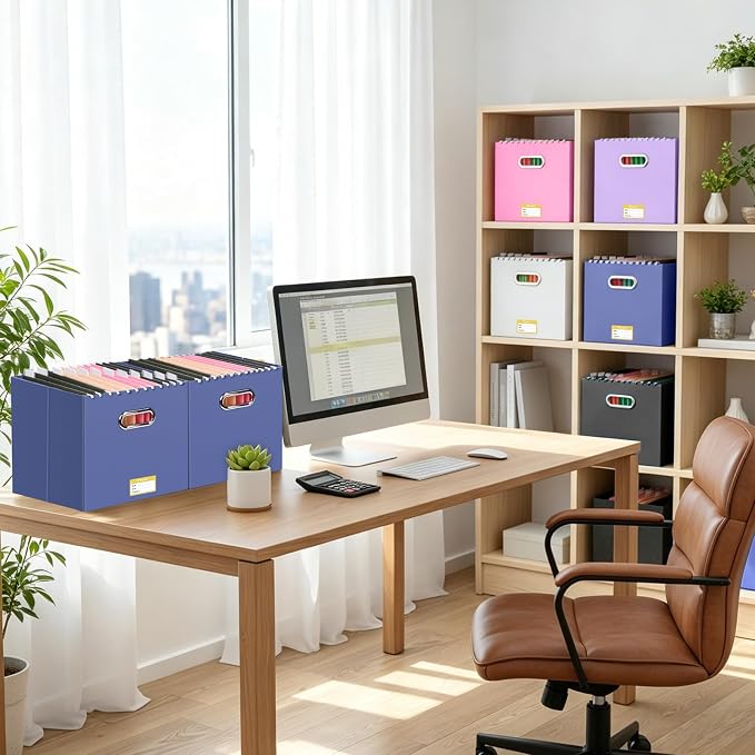 BALEINE File Organizer Box, Cardboard File Folder Organizer with Handle for Letter Size, Portable Collapsible Hanging Filing Box for Home Office Document Storage (4 Pack, Large Navy) - Image 2